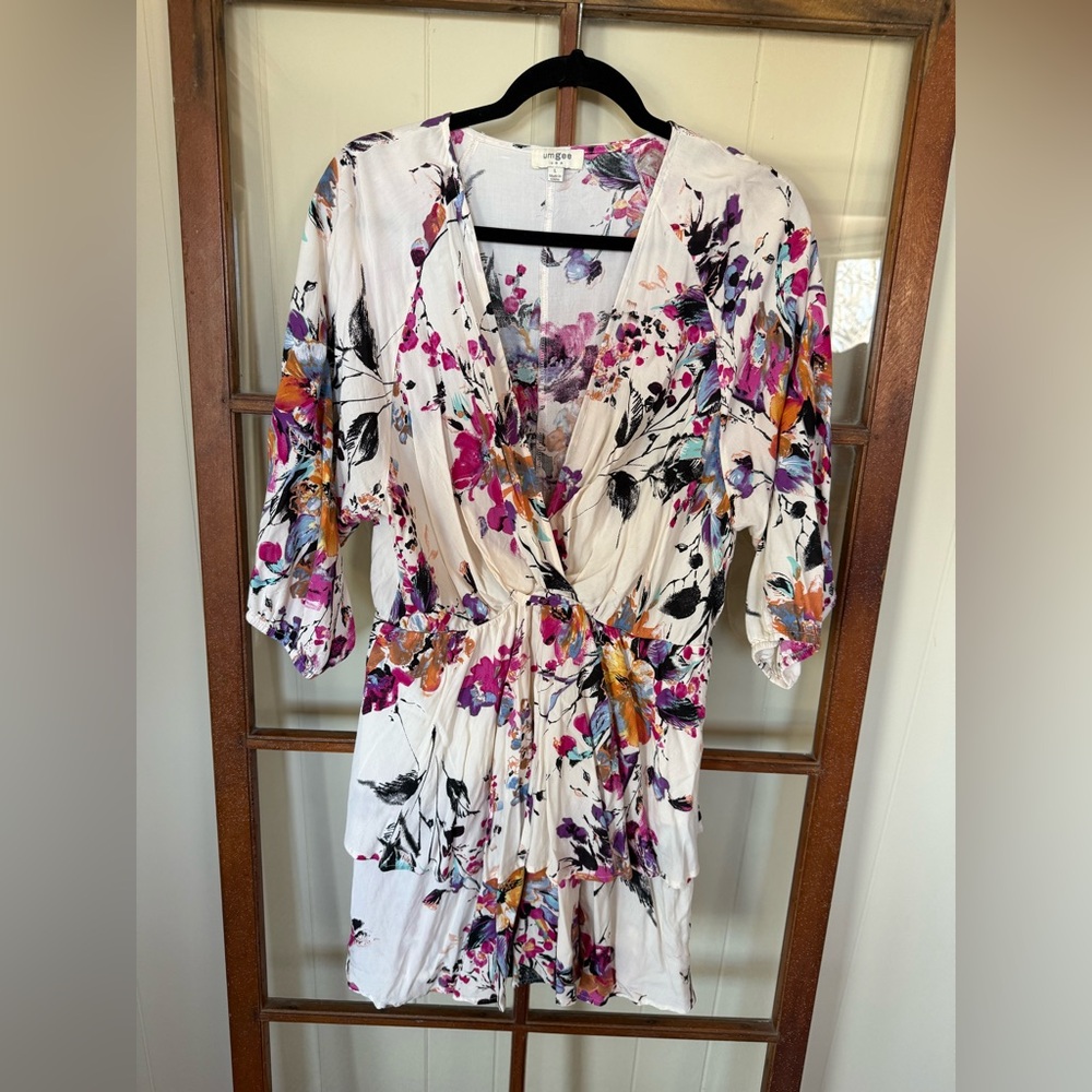 Umgee Vibrant Floral Deep V-Neck Boho Flowy Lightweight Midi Dress - Large